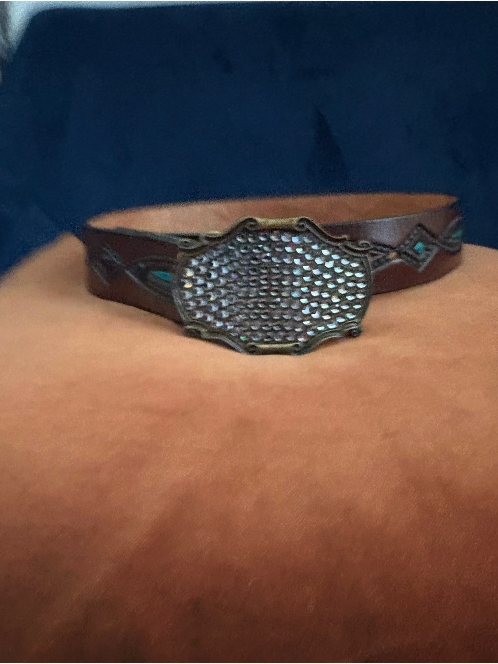 Women's Brown Leather Belt with Decorative Antiqued Buckle and Turquoise Accents